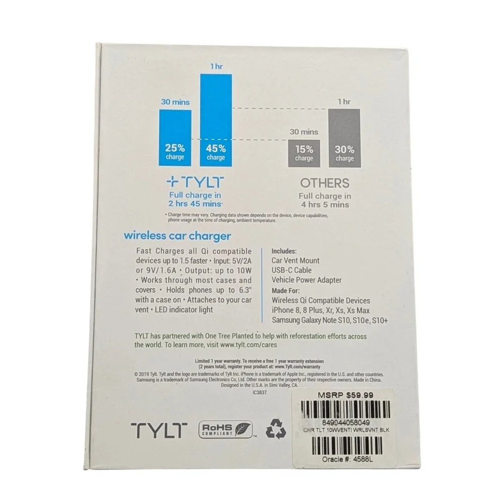N7.N.‎ TYLT Venti Fast Wireless Car Charger with Adjustable Clip - Fits Air Vent